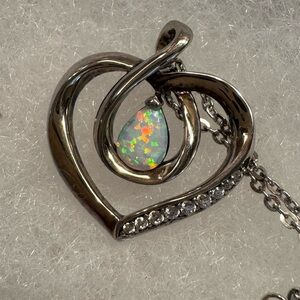 Silver Heart Necklace with Opal and Sparkling Accents-Italy 925